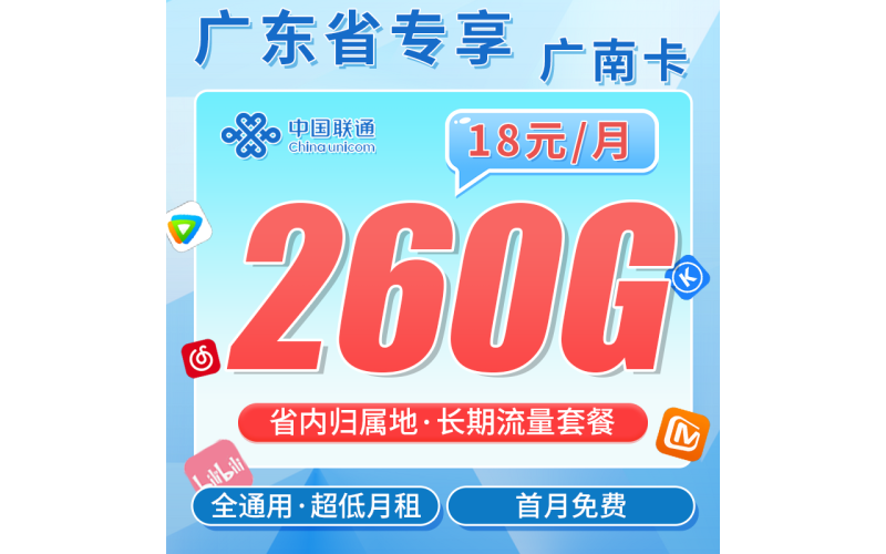 联通广南卡18元260G+长期套餐+广东省专属！